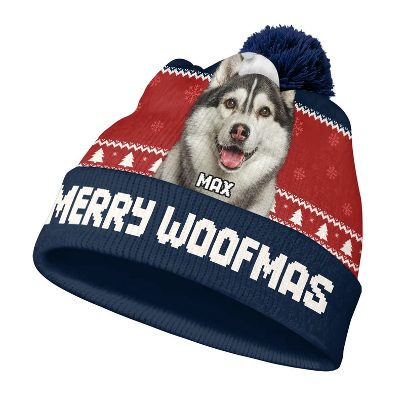 Pet Lovers - Custom Photo Feliz Navidog - Personalized Bobble Beanie Hat
