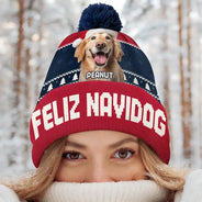 Pet Lovers - Custom Photo Feliz Navidog - Personalized Bobble Beanie Hat