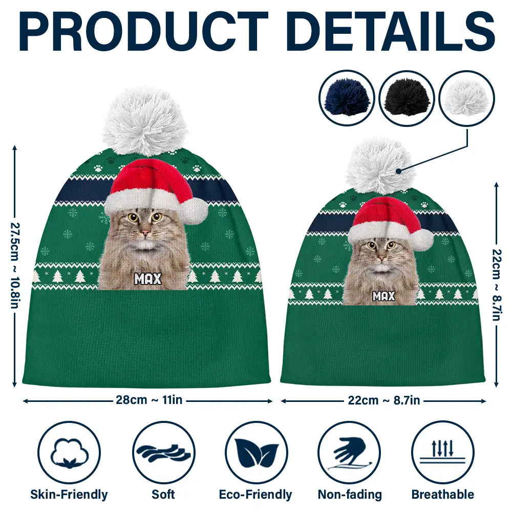 Pet Lovers - Custom Photo Feliz Navidog - Personalized Bobble Beanie Hat