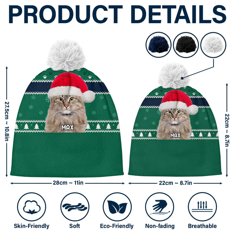 Pet Lovers - Custom Photo Feliz Navidog - Personalized Bobble Beanie Hat