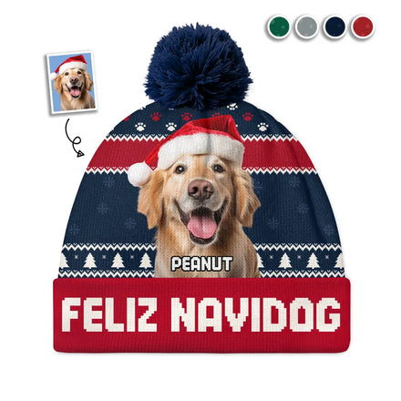 Bonnet à pompon personnalisé avec photo Feliz Navidog 