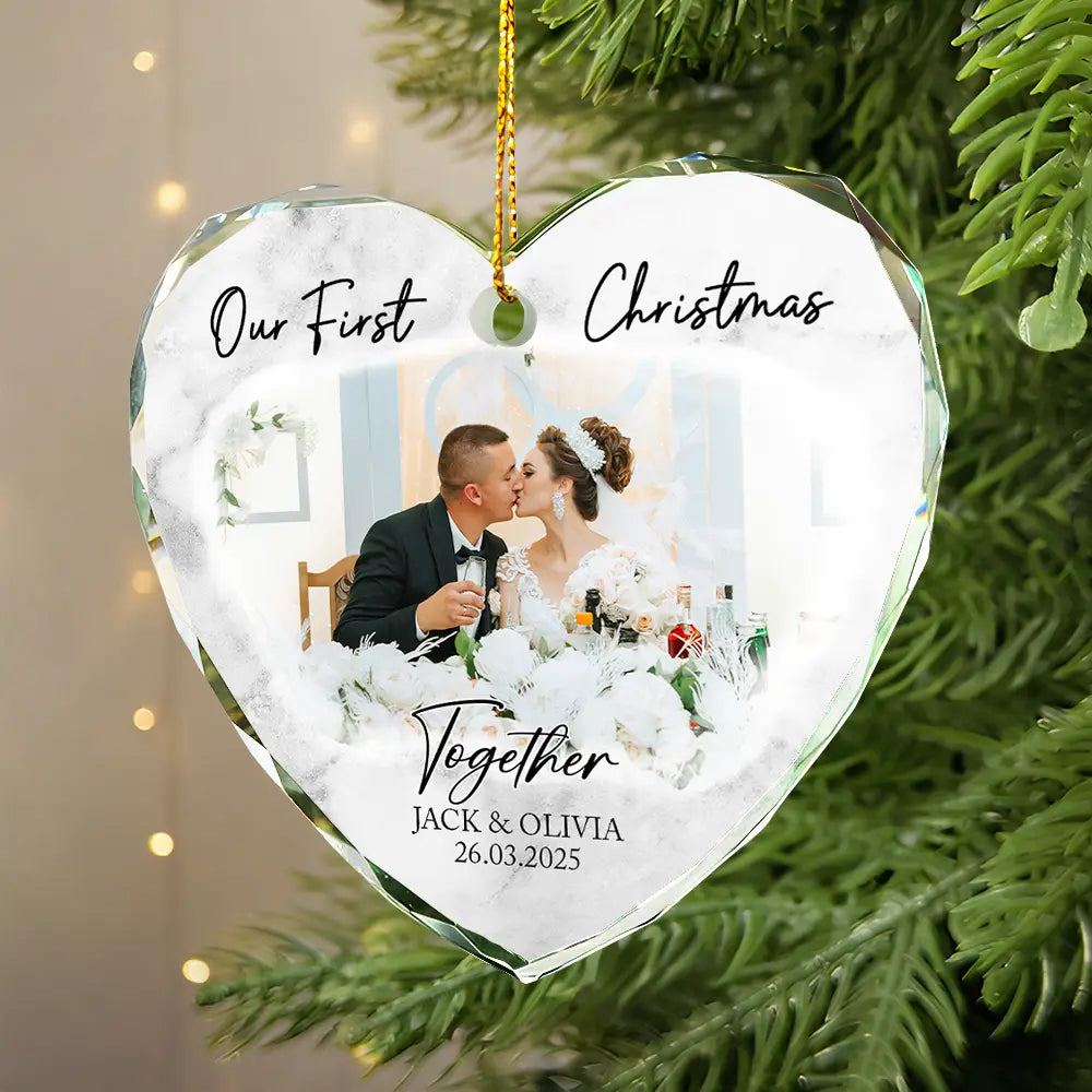 Gift For Couples, Gift For Husband, Gift For Wife, Gift For Boyfriend, Gift For Girlfriend - Custom Photo First Christmas As Mr & Mrs Couples - Personalized Glass Ornament