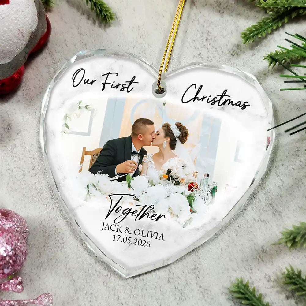 Custom Photo First Christmas As Mr & Mrs Couples - Personalized Glass Ornament