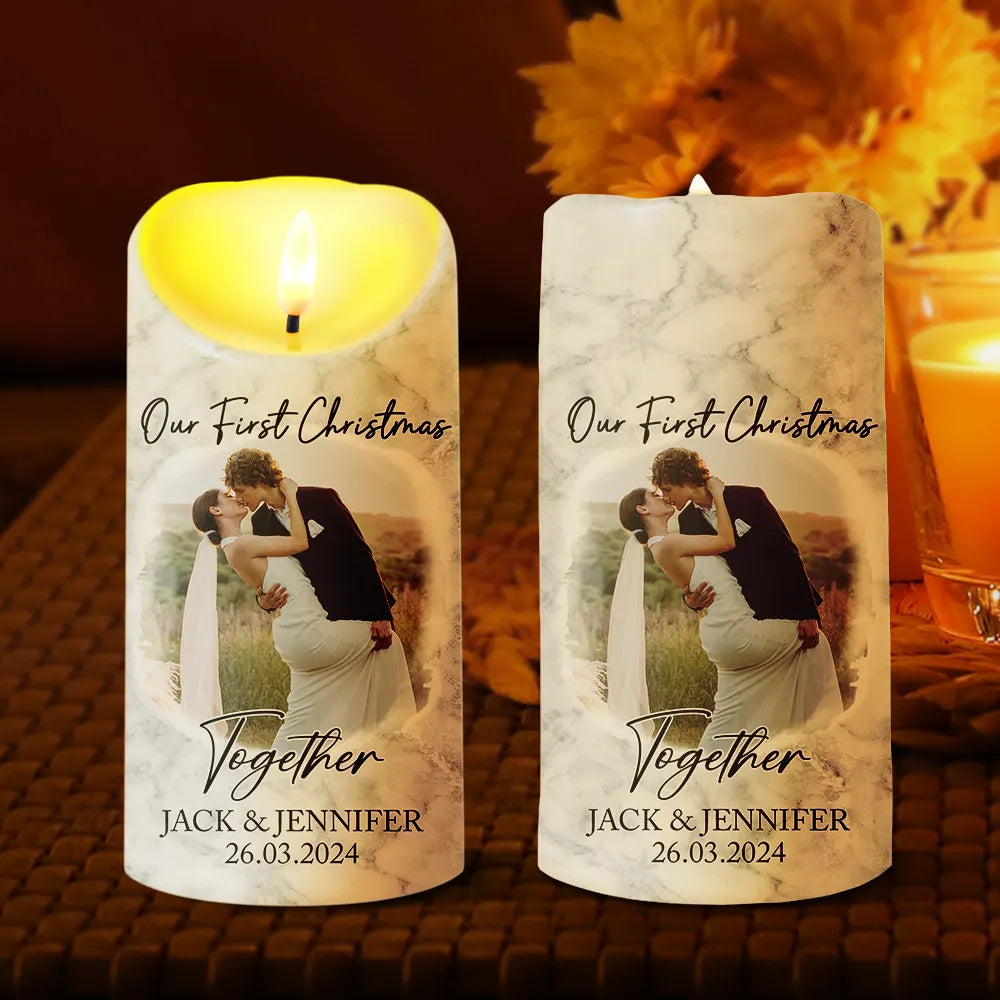 Custom Photo First Christmas As Mr & Mrs Couples - Personalized Flameless LED Candle