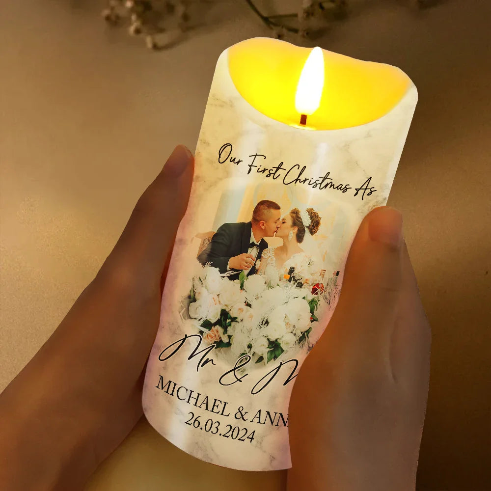 Custom Photo First Christmas As Mr & Mrs Couples - Personalized Flameless LED Candle