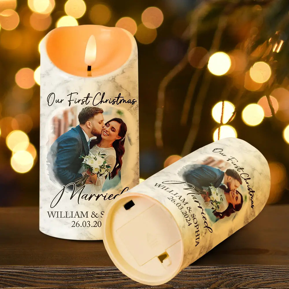 Custom Photo First Christmas As Mr & Mrs Couples - Personalized Flameless LED Candle