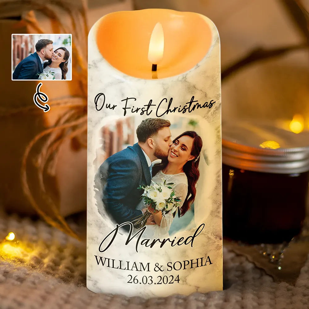 Gift For Couples, Christmas, Gift For Husband, Gift For Wife, Gift For Boyfriend, Gift For Girlfriend - Custom Photo First Christmas As Mr & Mrs Couples - Personalized Flameless LED Candle