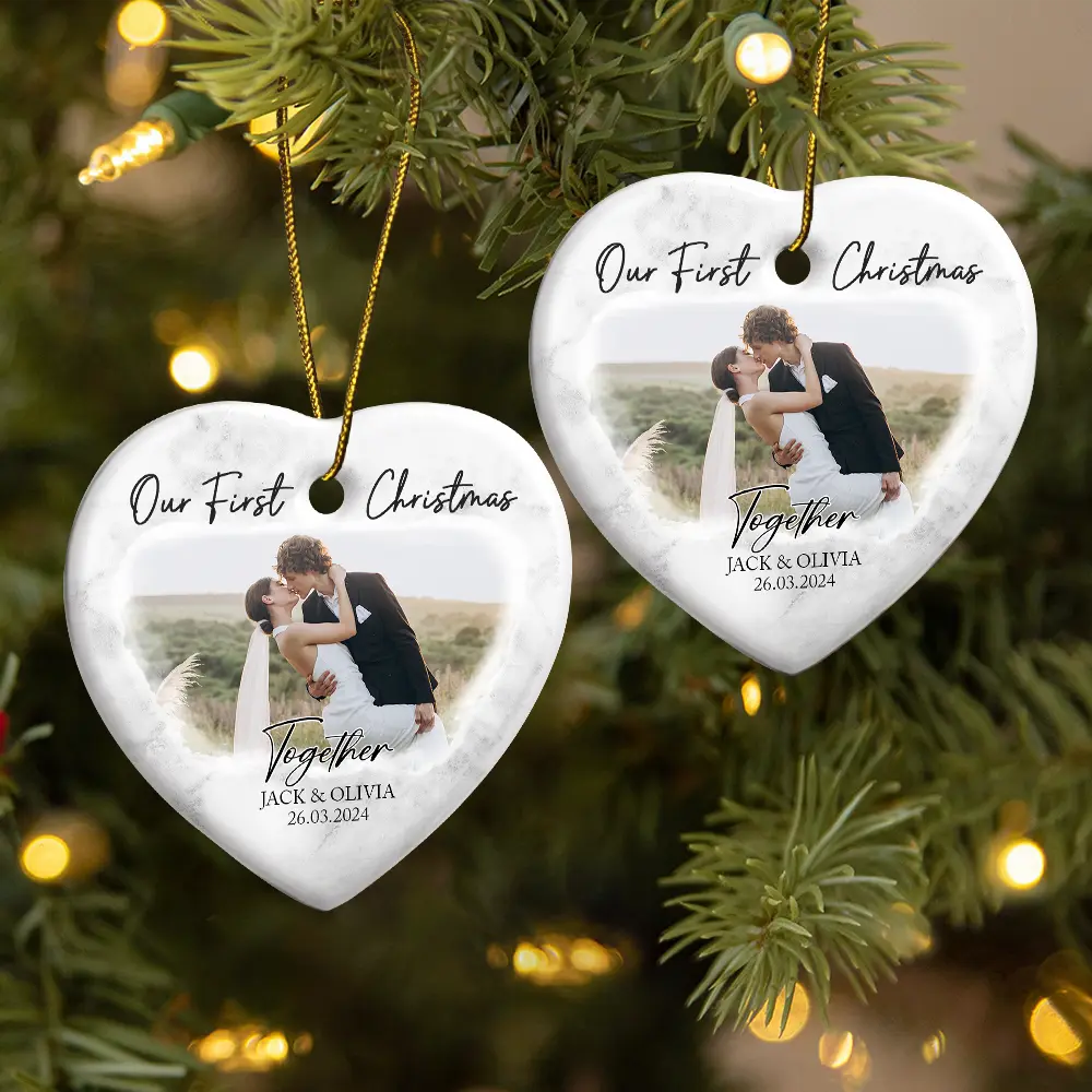 Gift For Couples, Gift For Husband, Gift For Wife, Gift For Boyfriend, Gift For Girlfriend - Custom Photo First Christmas As Mr & Mrs Couples - Personalized Heart Ceramic Ornament