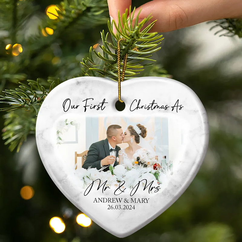 Gift For Couples, Gift For Husband, Gift For Wife, Gift For Boyfriend, Gift For Girlfriend - Custom Photo First Christmas As Mr & Mrs Couples - Personalized Heart Ceramic Ornament