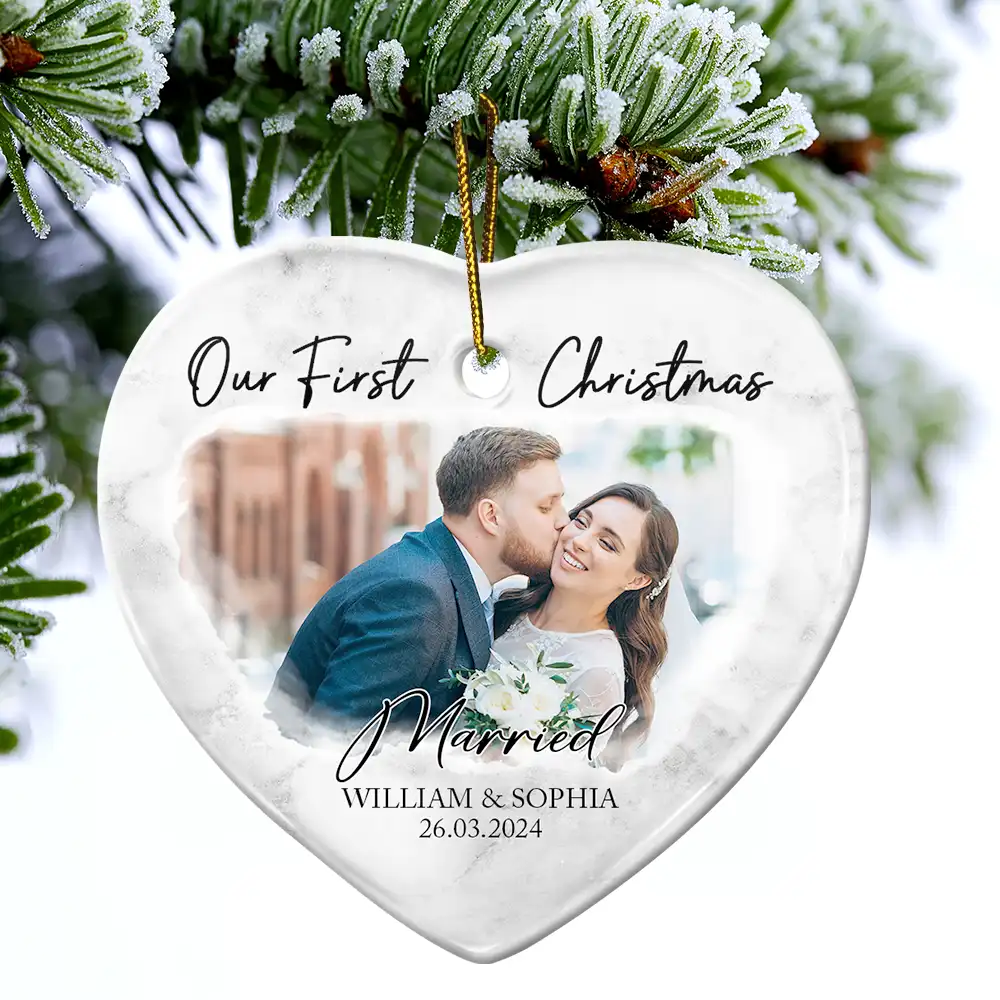 Gift For Couples, Gift For Husband, Gift For Wife, Gift For Boyfriend, Gift For Girlfriend - Custom Photo First Christmas As Mr & Mrs Couples - Personalized Heart Ceramic Ornament