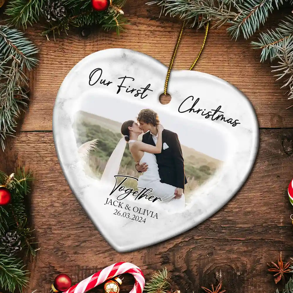 Gift For Couples, Gift For Husband, Gift For Wife, Gift For Boyfriend, Gift For Girlfriend - Custom Photo First Christmas As Mr & Mrs Couples - Personalized Heart Ceramic Ornament