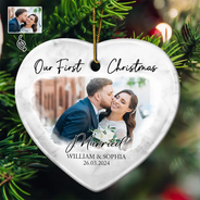 Gift For Couples, Gift For Husband, Gift For Wife, Gift For Boyfriend, Gift For Girlfriend - Custom Photo First Christmas As Mr & Mrs Couples - Personalized Heart Ceramic Ornament