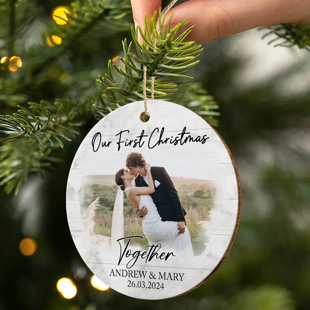 Custom Photo First Christmas As Mr & Mrs Couples - Personalized Custom Shaped Wooden Ornament