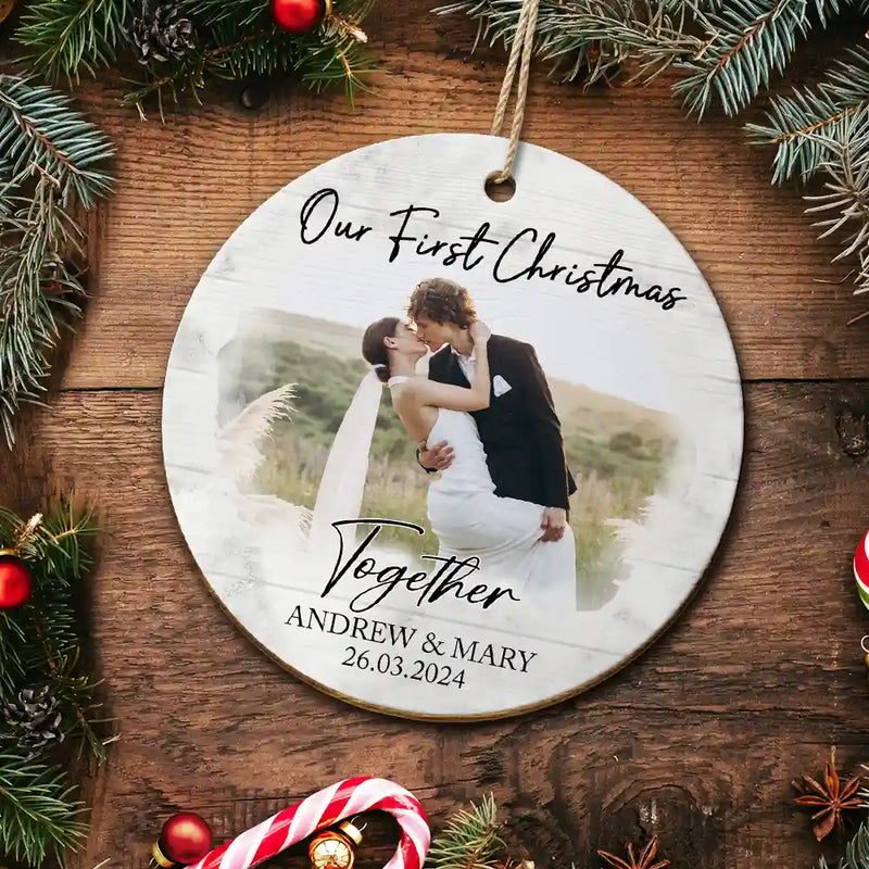 Custom Photo First Christmas As Mr & Mrs Couples - Personalized Custom Shaped Wooden Ornament