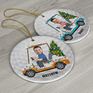 Gift For Men, Gift For Yourself - Custom Photo Funny Face Golf Cart - Personalized Circle Ceramic Ornament