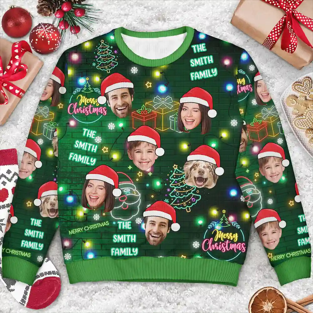 Continue Shopping,Christmas,Custom Photo,Family,Pet Lovers,Dog Lovers,Cat Lovers,Happy - Custom Photo Funny Family Pet Face Neon Light Style - Personalized Unisex Ugly Sweater