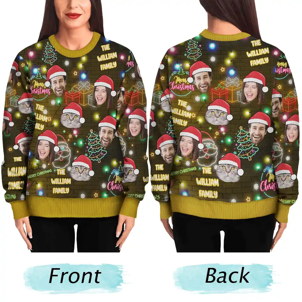 Family,Pet Lovers,Dog Lovers,Cat Lovers,Happy - Custom Photo Funny Family Pet Face Neon Light Style - Personalized Unisex Ugly Sweater