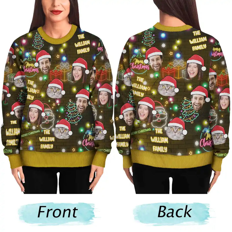 Family,Pet Lovers,Dog Lovers,Cat Lovers,Happy - Custom Photo Funny Family Pet Face Neon Light Style - Personalized Unisex Ugly Sweater