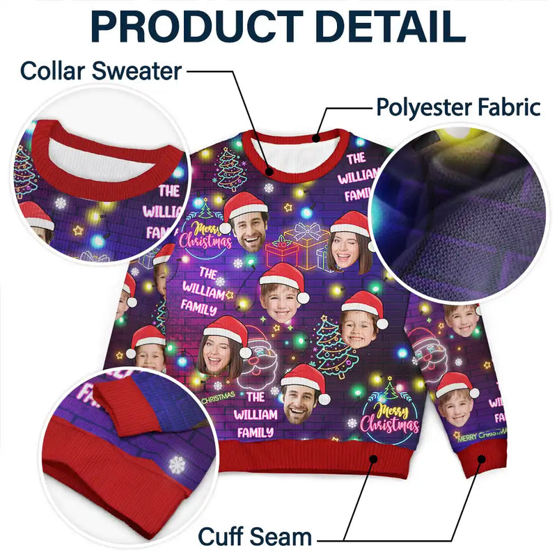 Continue Shopping,Christmas,Custom Photo,Family,Pet Lovers,Dog Lovers,Cat Lovers,Happy - Custom Photo Funny Family Pet Face Neon Light Style - Personalized Unisex Ugly Sweater