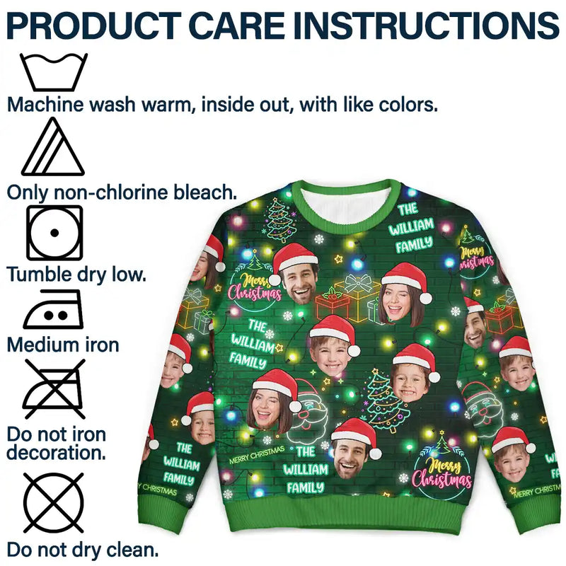 Continue Shopping,Christmas,Custom Photo,Family,Pet Lovers,Dog Lovers,Cat Lovers,Happy - Custom Photo Funny Family Pet Face Neon Light Style - Personalized Unisex Ugly Sweater