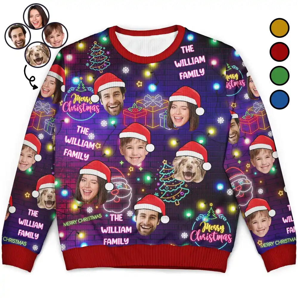 Family,Pet Lovers,Dog Lovers,Cat Lovers,Happy - Custom Photo Funny Family Pet Face Neon Light Style - Personalized Unisex Ugly Sweater
