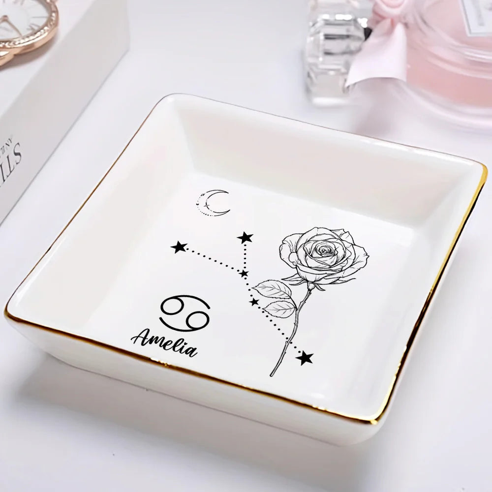 Gift For Yourself,Gift For Women,Gift For Wife,Gift For Girlfriend,Gift For Mother,Gift For Daughter,Gift For Sisters,Gift For Bestie,Gift For Grandma - Zodiac Sign Birth Month Flower - Personalized Ring Dish