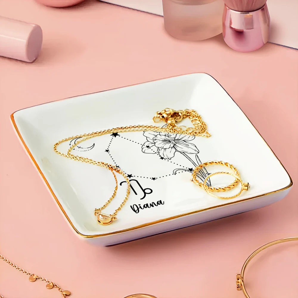 Gift For Yourself,Gift For Women,Gift For Wife,Gift For Girlfriend,Gift For Mother,Gift For Daughter,Gift For Sisters,Gift For Bestie,Gift For Grandma - Zodiac Sign Birth Month Flower - Personalized Ring Dish