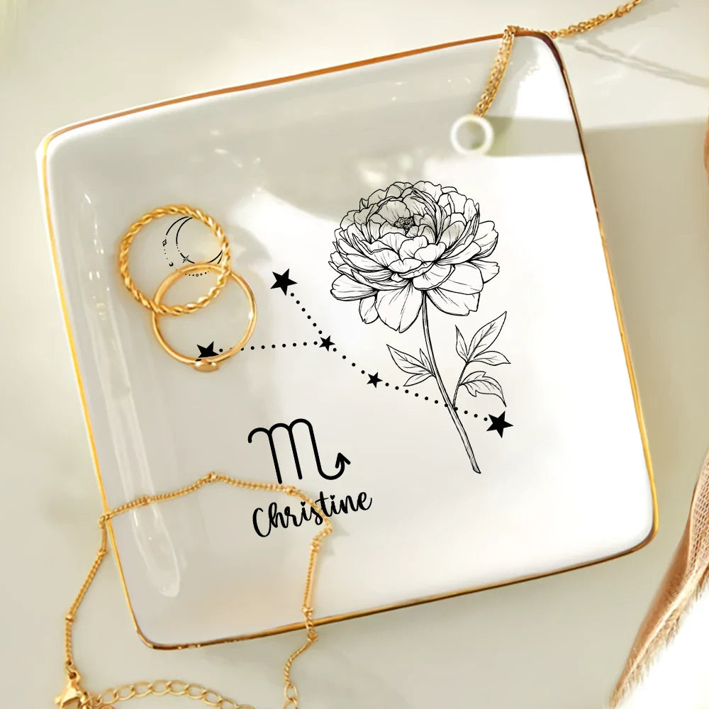 Gift For Yourself,Gift For Women,Gift For Wife,Gift For Girlfriend,Gift For Mother,Gift For Daughter,Gift For Sisters,Gift For Bestie,Gift For Grandma - Zodiac Sign Birth Month Flower - Personalized Ring Dish