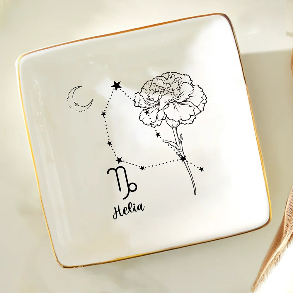 Gift For Yourself,Gift For Women,Gift For Wife,Gift For Girlfriend,Gift For Mother,Gift For Daughter,Gift For Sisters,Gift For Bestie,Gift For Grandma - Zodiac Sign Birth Month Flower - Personalized Ring Dish