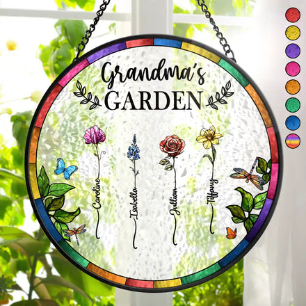 Family Birth Flower Grandma’s Blooming Garden - Personalized Stained Glass Window Hanging Suncatcher