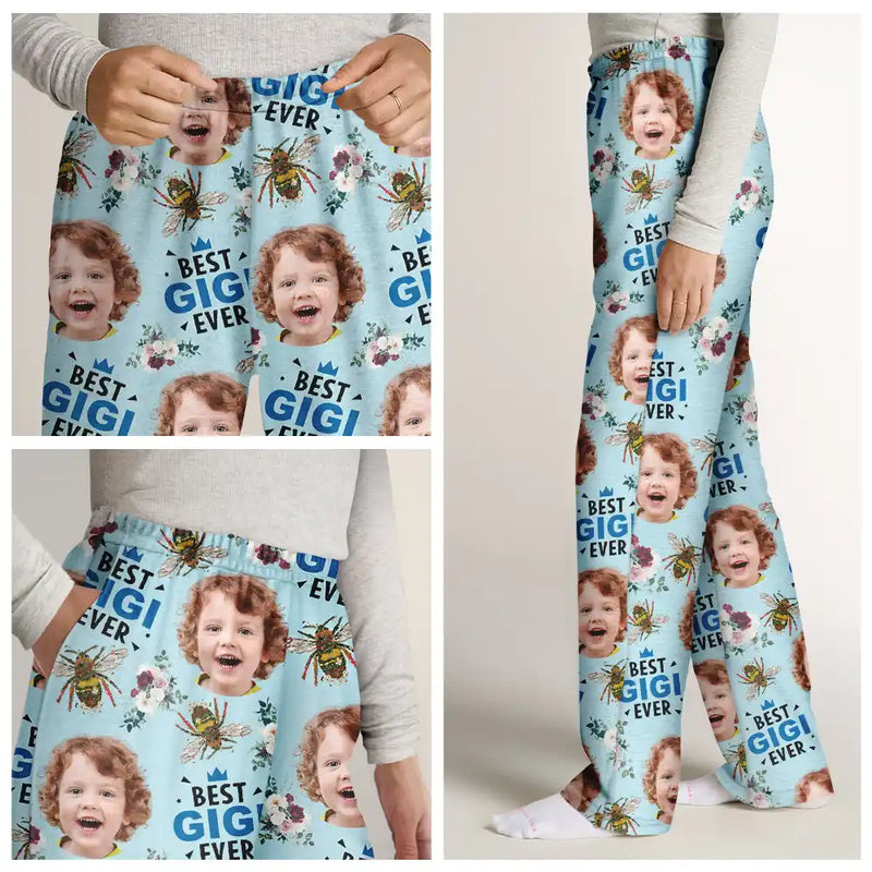Gift For Mother,Gift For Grandma,Happy - Custom Photo Bee Flowral Best Grandma Ever - Personalized Pajama Pants
