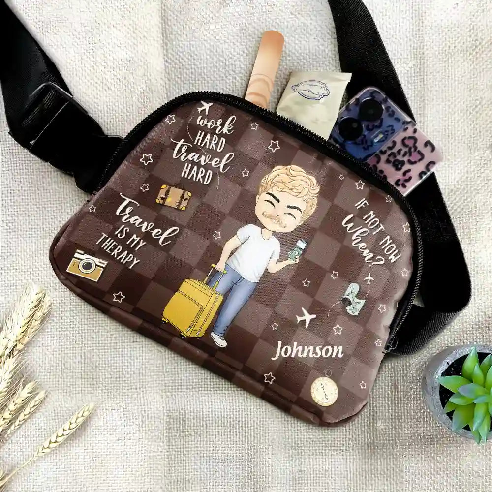 Travel, Gift For Yourself, Gift For Women, Gift For Men - Travel Is My Therapy - Personalized Crossbody Belt Bag