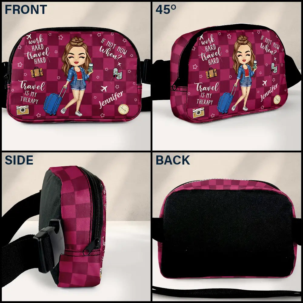 Travel, Gift For Yourself, Gift For Women, Gift For Men - Travel Is My Therapy - Personalized Crossbody Belt Bag