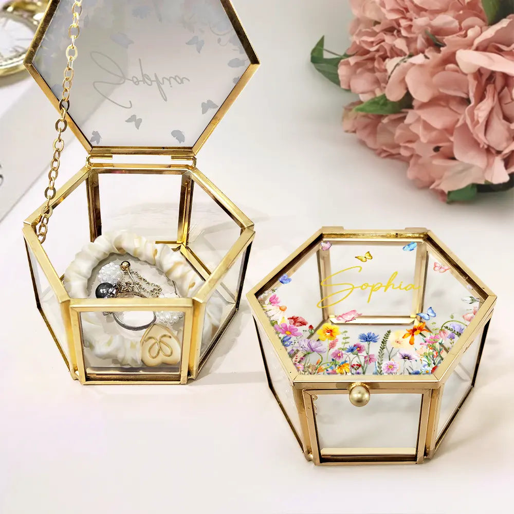Gift For Yourself,Gift For Women,Gift For Mother,Gift For Bestie,Gift For Sisters,Gift For Girlfriend,Gift For Wife - Floral Name - Personalized Glass Jewelry Box