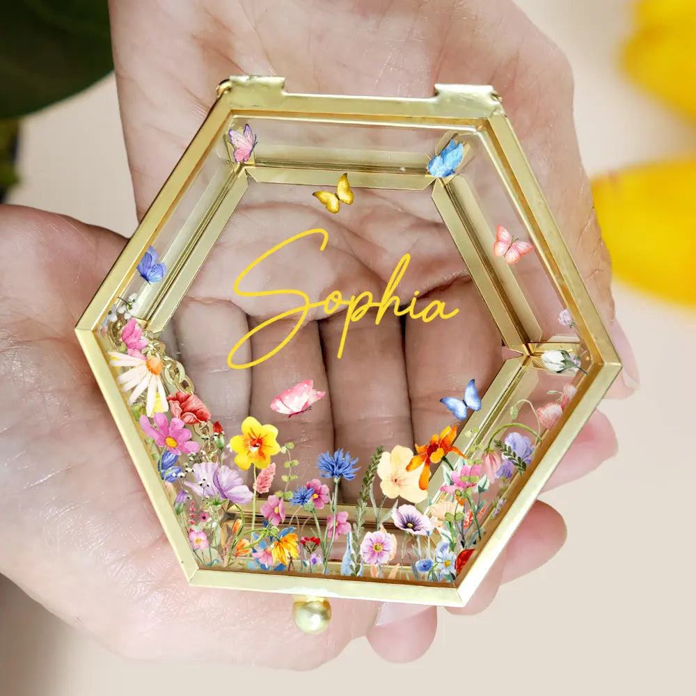 Gift For Yourself,Gift For Women,Gift For Mother,Gift For Bestie,Gift For Sisters,Gift For Girlfriend,Gift For Wife - Floral Name - Personalized Glass Jewelry Box