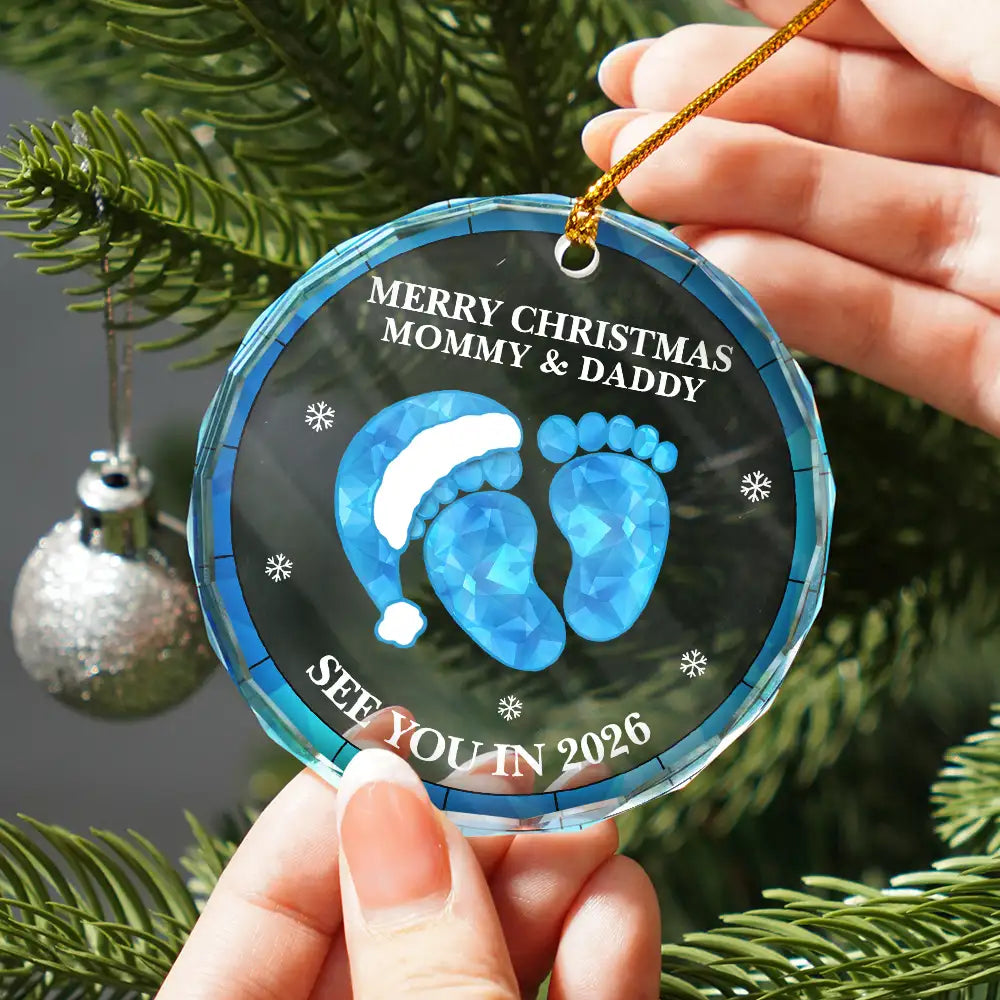 Christmas,New Dad,New baby,New Mom,Happy - Baby Expecting See You In 2026 Stained Glass - Personalized Circle Glass Ornament