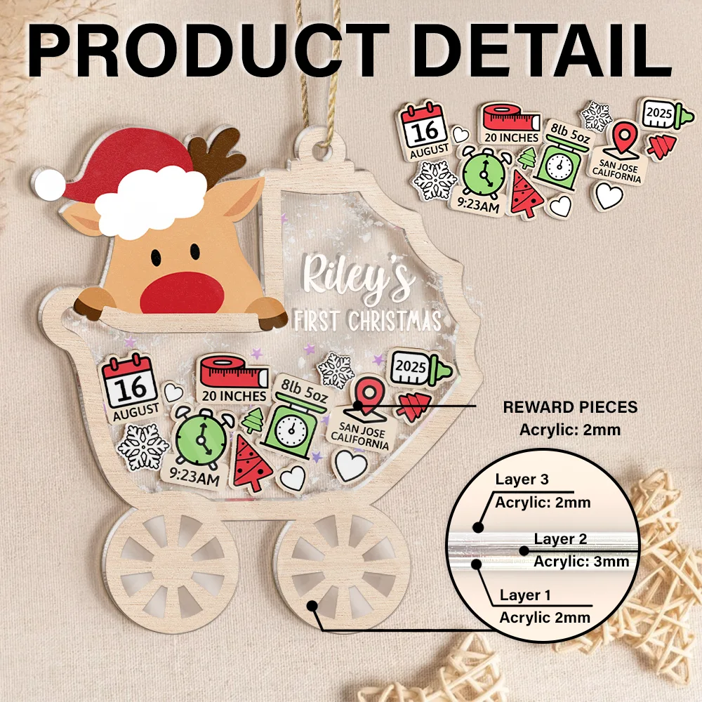 Christmas,New Dad,New baby,New Mom,Happy - Baby Carriage New Baby Information Keepsake - Personalized 3-Layered Acrylic Shaker Ornament