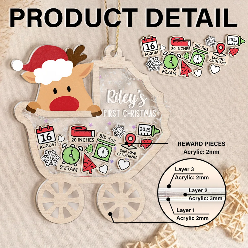 Christmas,New Dad,New baby,New Mom,Happy - Baby Carriage New Baby Information Keepsake - Personalized 3-Layered Acrylic Shaker Ornament