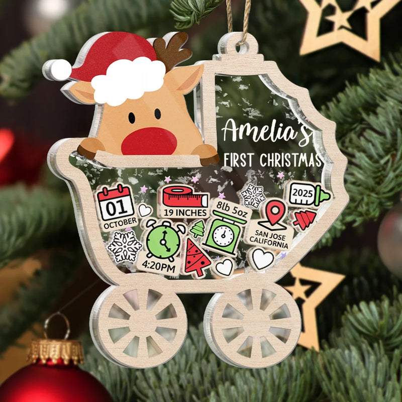Christmas,New Dad,New baby,New Mom,Happy - Baby Carriage New Baby Information Keepsake - Personalized 3-Layered Acrylic Shaker Ornament