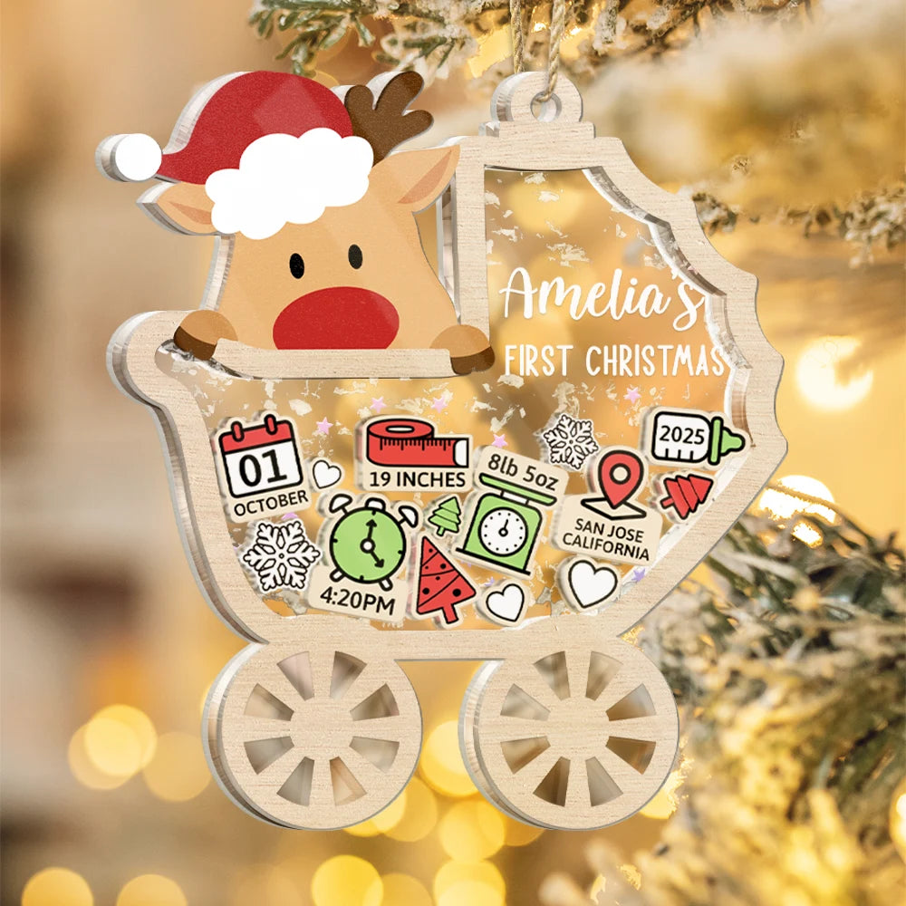 Christmas,New Dad,New baby,New Mom,Happy - Baby Carriage New Baby Information Keepsake - Personalized 3-Layered Acrylic Shaker Ornament