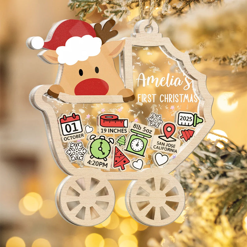 Christmas,New Dad,New baby,New Mom,Happy - Baby Carriage New Baby Information Keepsake - Personalized 3-Layered Acrylic Shaker Ornament