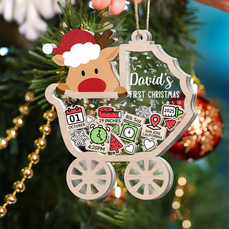 Christmas,New Dad,New baby,New Mom,Happy - Baby Carriage New Baby Information Keepsake - Personalized 3-Layered Acrylic Shaker Ornament