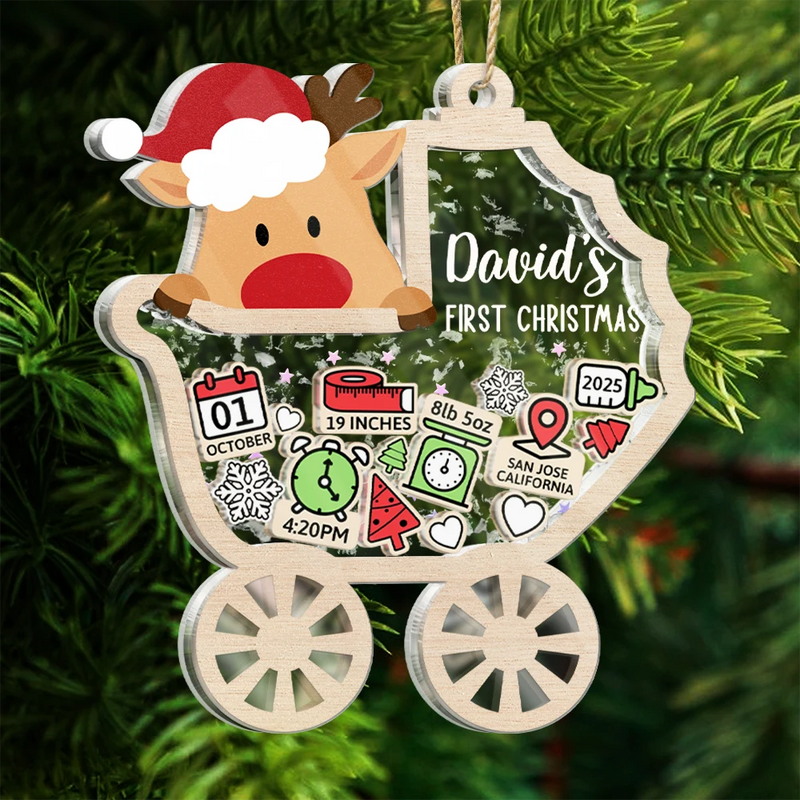 Christmas,New Dad,New baby,New Mom,Happy - Baby Carriage New Baby Information Keepsake - Personalized 3-Layered Acrylic Shaker Ornament