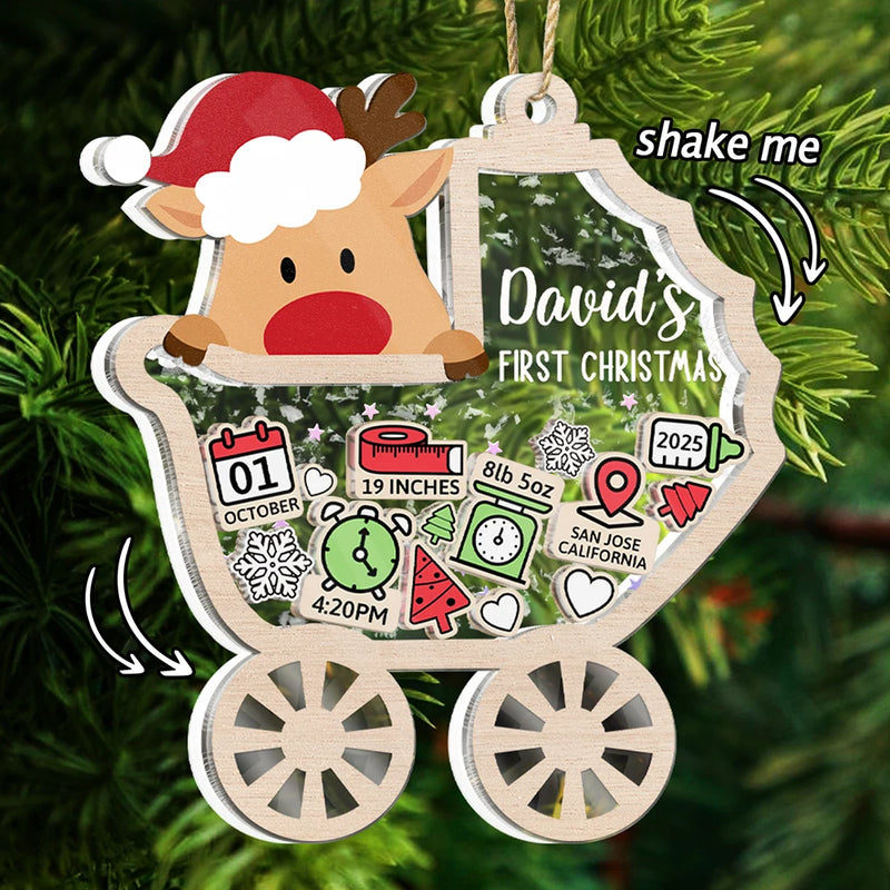 Christmas,New Dad,New baby,New Mom,Happy - Baby Carriage New Baby Information Keepsake - Personalized 3-Layered Acrylic Shaker Ornament
