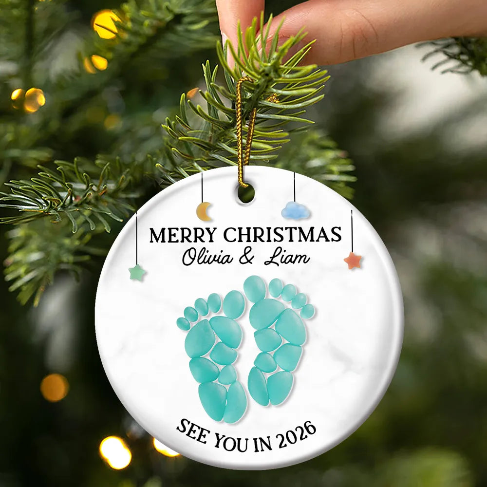 Christmas,Pregnant Mom - Baby Expecting See You In Soon Feet Stones - Personalized Circle Ceramic Ornament