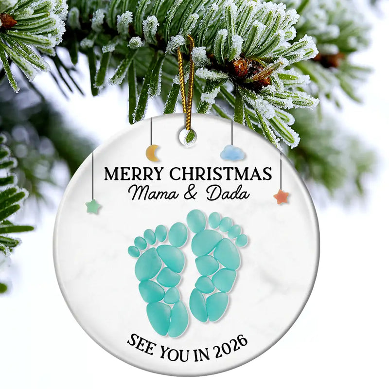 Christmas,Pregnant Mom - Baby Expecting See You In Soon Feet Stones - Personalized Circle Ceramic Ornament