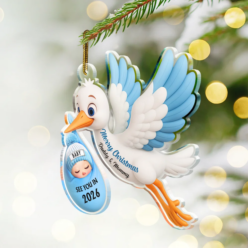 Christmas,New Dad,New baby,New Mom,Happy - Baby Expecting Stork See You In - Personalized Custom Shaped Acrylic Ornament