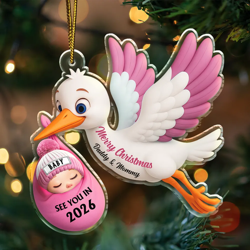 Christmas,New Dad,New baby,New Mom,Happy - Baby Expecting Stork See You In - Personalized Custom Shaped Acrylic Ornament