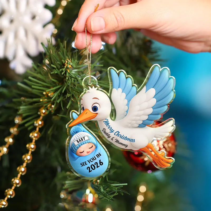 Christmas,New Dad,New baby,New Mom,Happy - Baby Expecting Stork See You In - Personalized Custom Shaped Acrylic Ornament