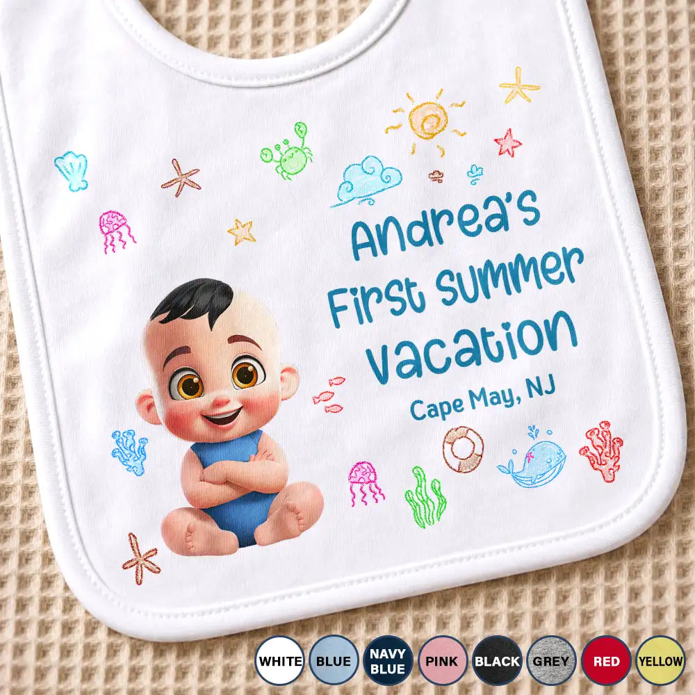 Gift For Mother, New Mom, Summer, Adorable, Vector - Baby First Beach Summer Vacation - Personalized Baby Bib